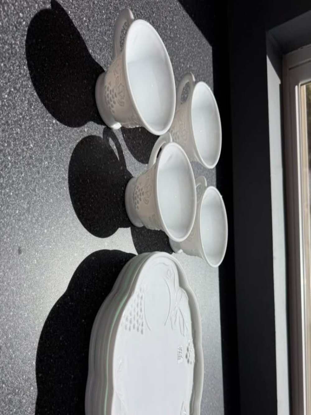 Vintage White Milk Glass Snack Set – 4 Cups & 4 Grape Pattern Plates - Picture 2 of 8
